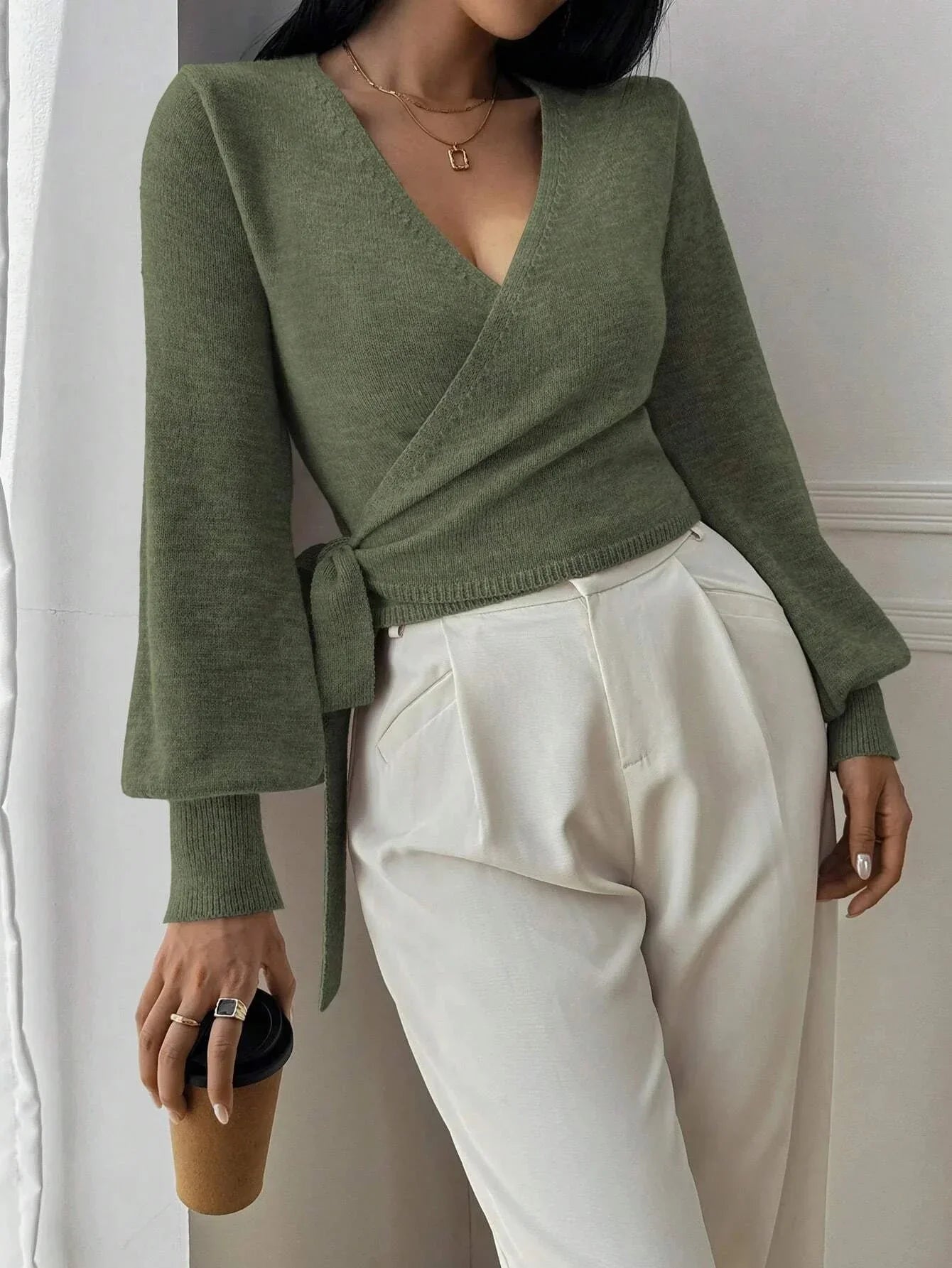 Pull Femme Cache-Cœur Élégant Haut à Manches Bouffantes