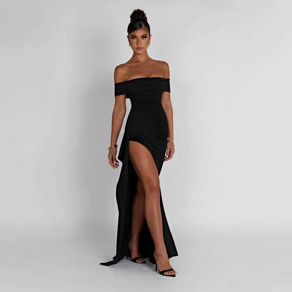 Robe Longue Femme Épaules Dénudées Soirée à Fente Haute