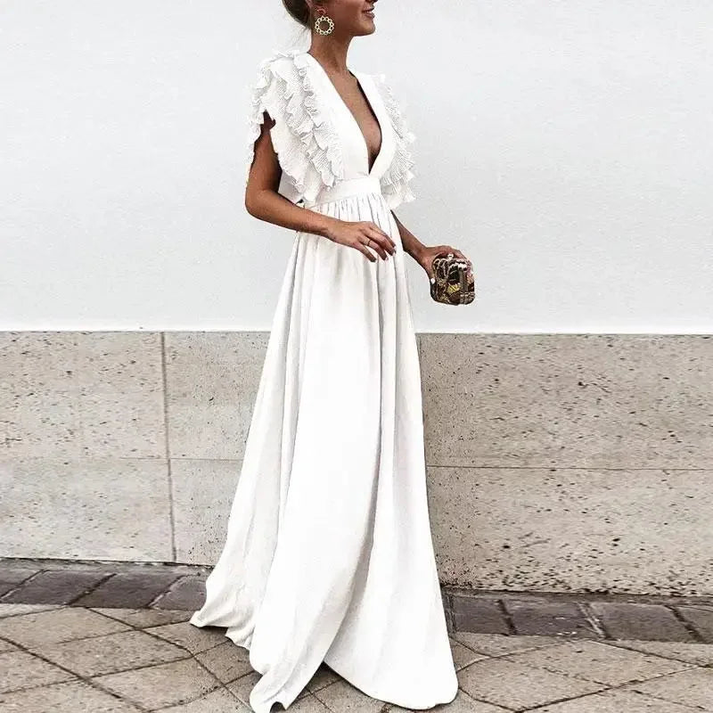 Robe Longue Fluide à Volants et Col V pour Femme