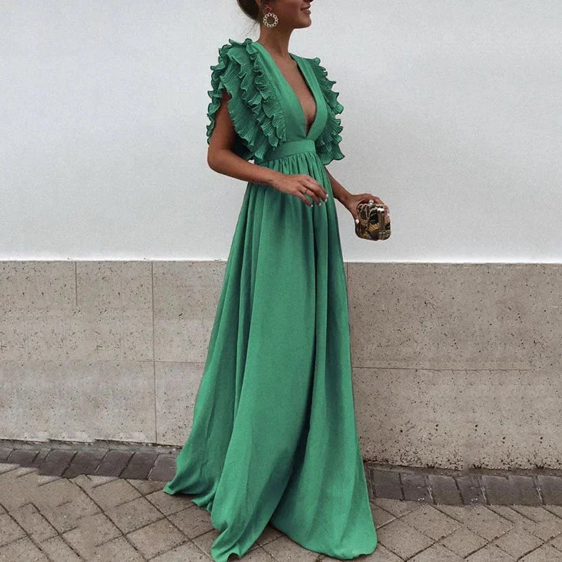 Robe Longue Fluide à Volants et Col V pour Femme