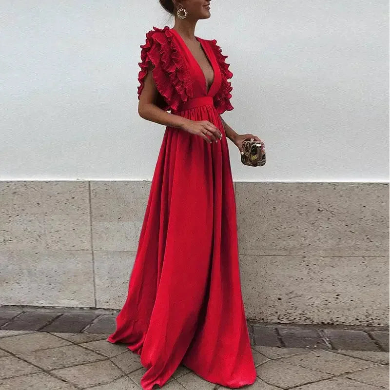Robe Longue Fluide à Volants et Col V pour Femme