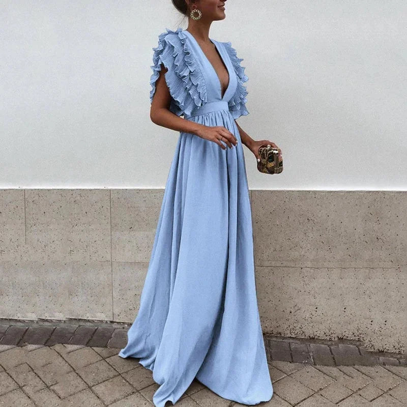 Robe Longue Fluide à Volants et Col V pour Femme