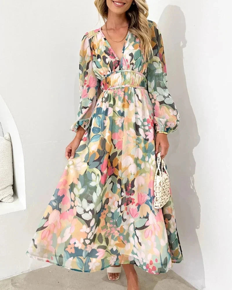 Women's Bohemian Floral Long Sleeve Maxi Dress