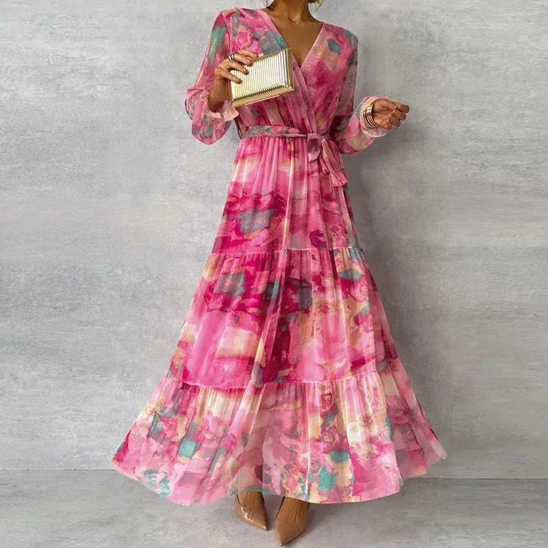 Robe Longue Bohème Rose à Imprimé Artistique