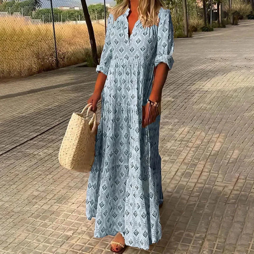 Robe Longue Bohème Imprimée à Manches Amples