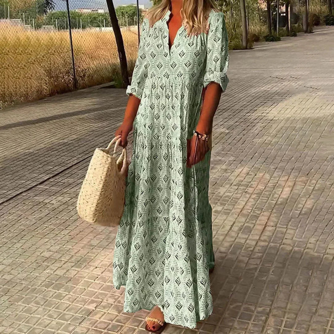 Robe Longue Bohème Imprimée à Manches Amples