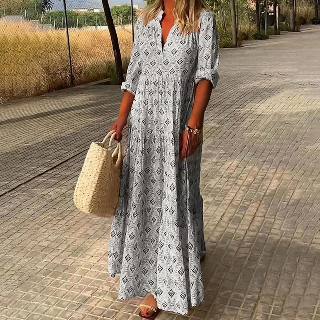 Robe Longue Bohème Imprimée à Manches Amples