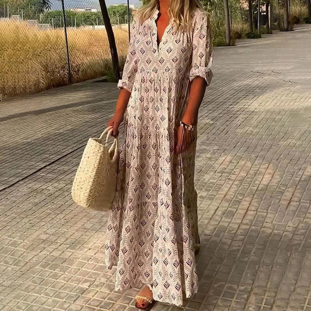 Robe Longue Bohème Imprimée à Manches Amples