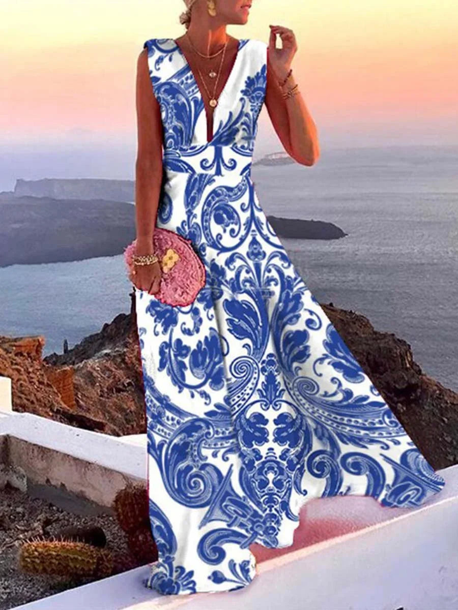 Robe Longue Fluide à Col V pour Femme