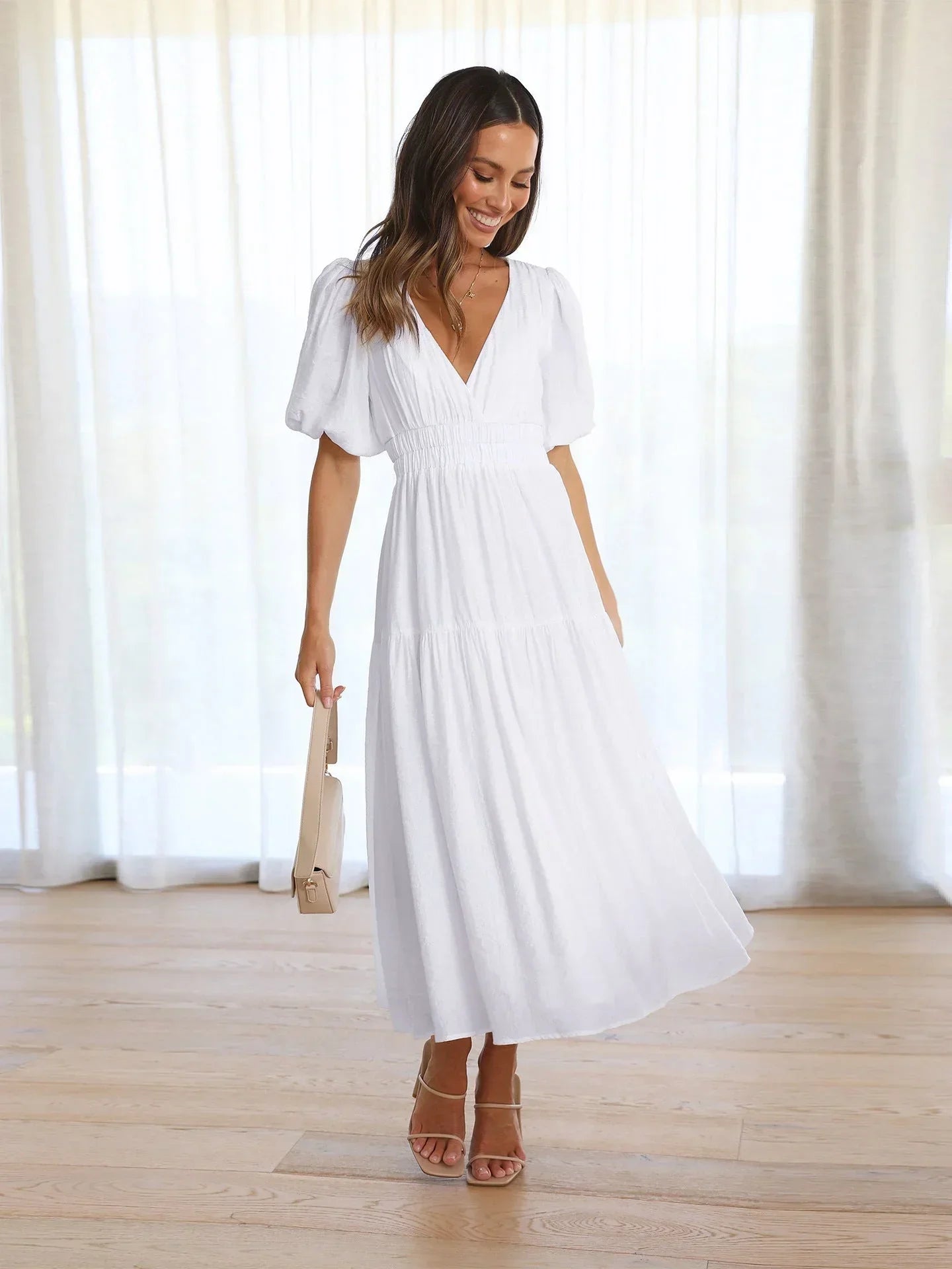 Robe Midi Fluide Élégante à Col V pour Femme