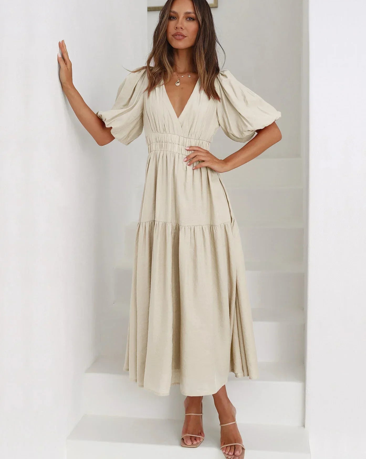 Robe Midi Fluide Élégante à Col V pour Femme