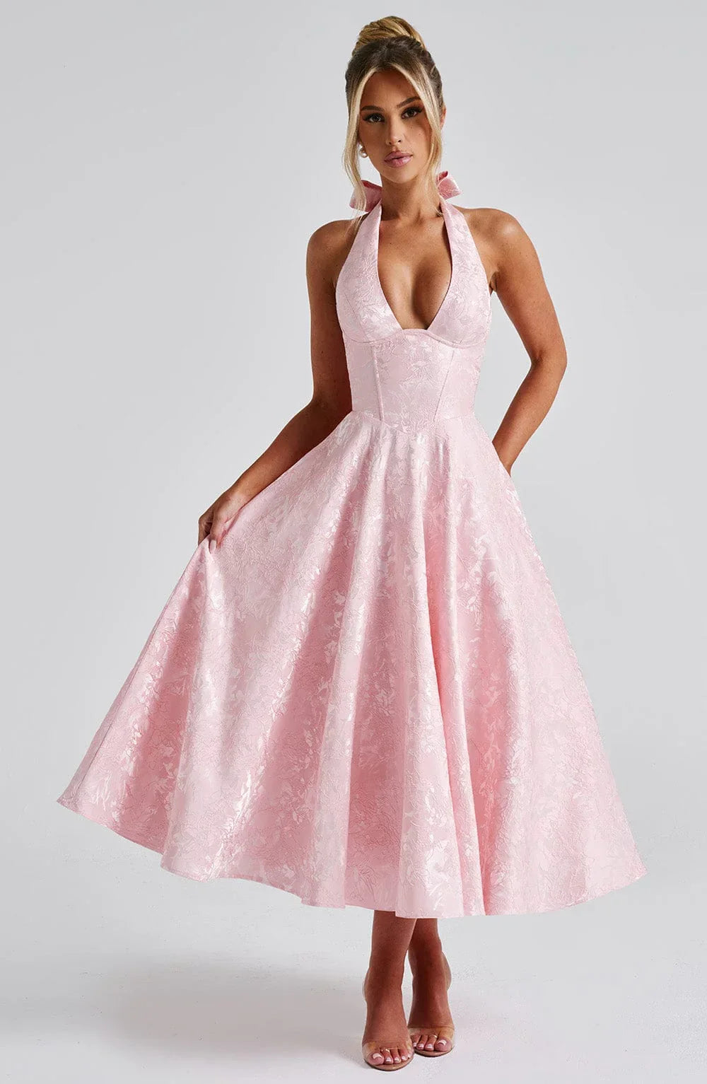 Robe Midi Femme à Col Halter et Jupe Évasée