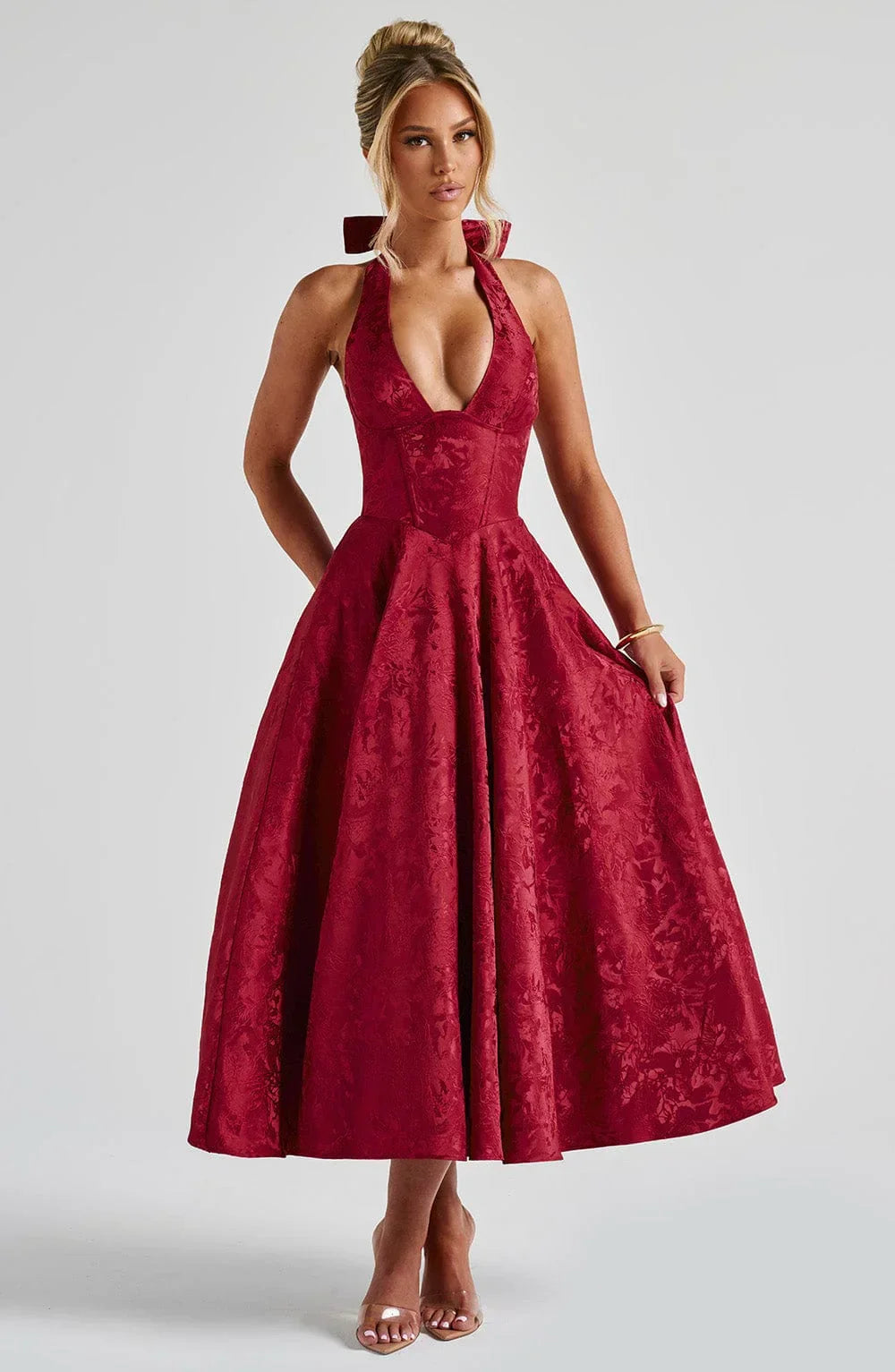 Robe Midi Femme à Col Halter et Jupe Évasée