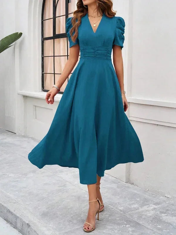 Robe Midi Élégante à Col V et Manches Bouffantes pour Femme