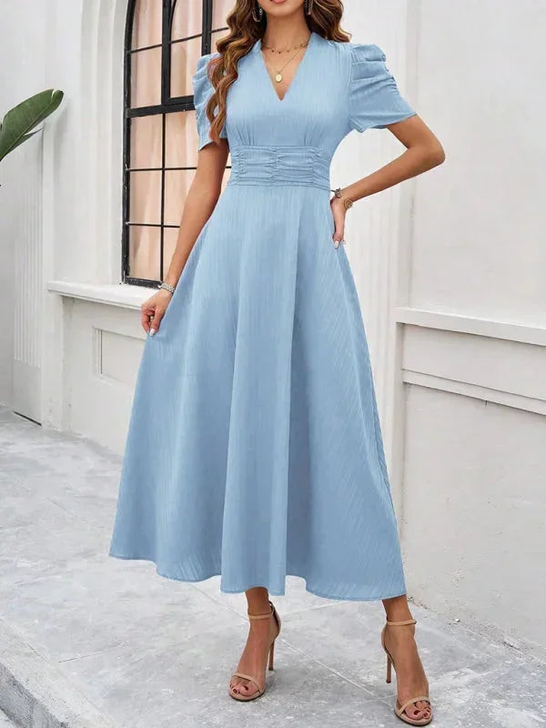 Robe Midi Élégante à Col V et Manches Bouffantes pour Femme