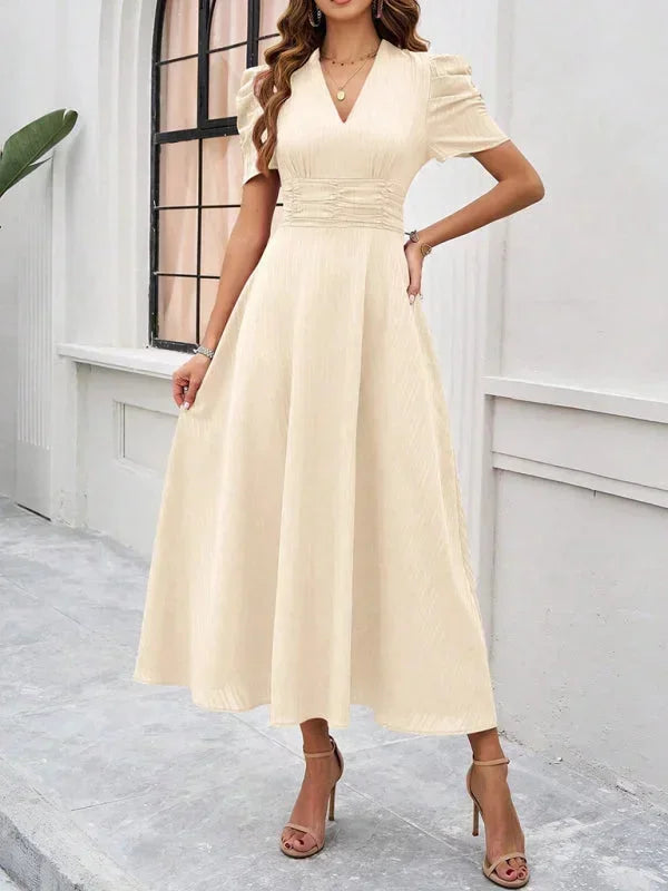 Robe Midi Élégante à Col V et Manches Bouffantes pour Femme