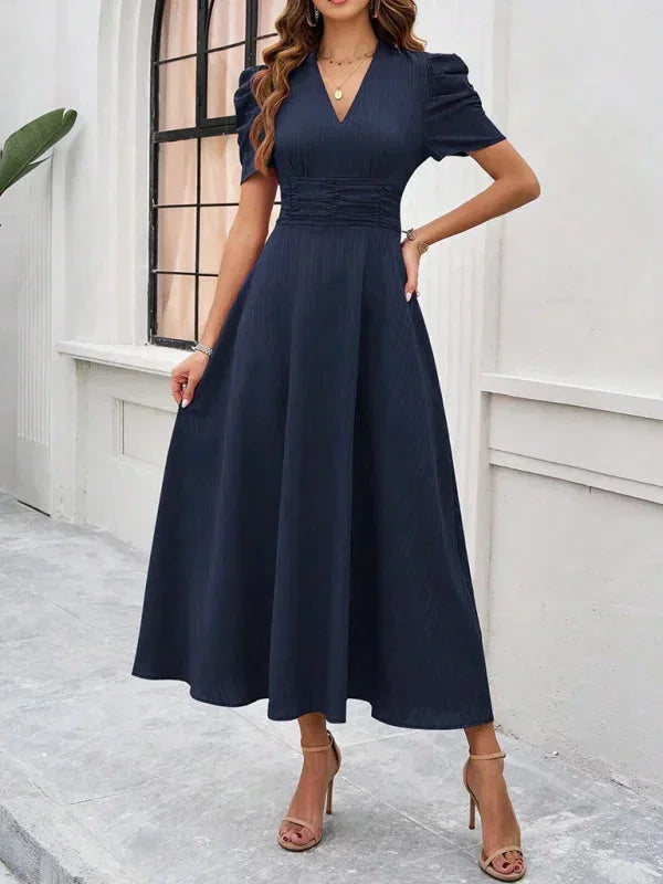 Robe Midi Élégante à Col V et Manches Bouffantes pour Femme
