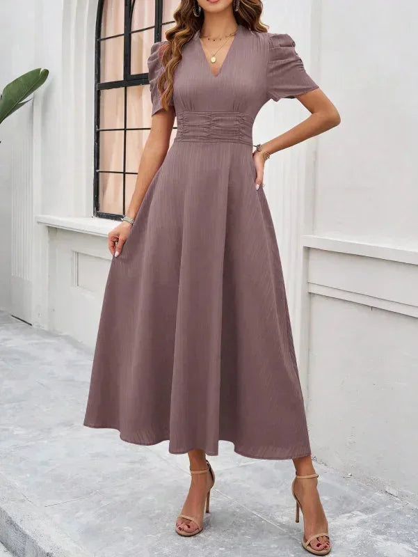 Robe Midi Élégante à Col V et Manches Bouffantes pour Femme