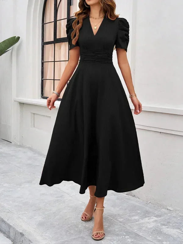 Robe Midi Élégante à Col V et Manches Bouffantes pour Femme