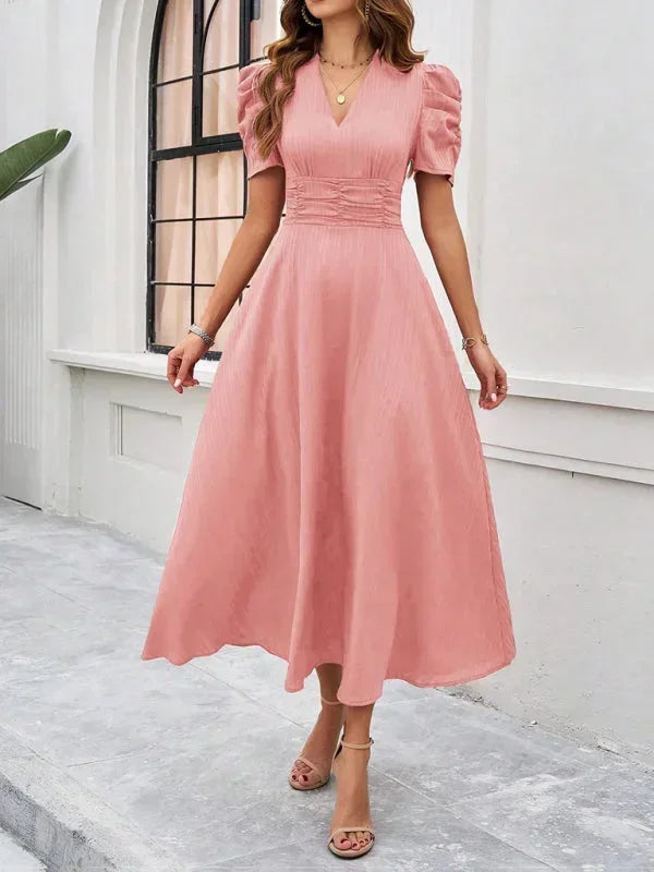 Robe Midi Élégante à Col V et Manches Bouffantes pour Femme