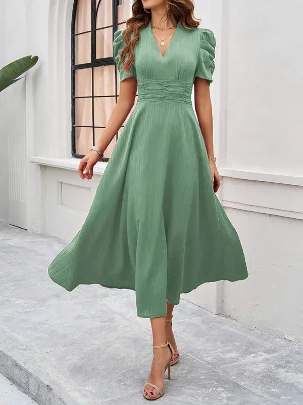 Robe Midi Élégante à Col V et Manches Bouffantes pour Femme