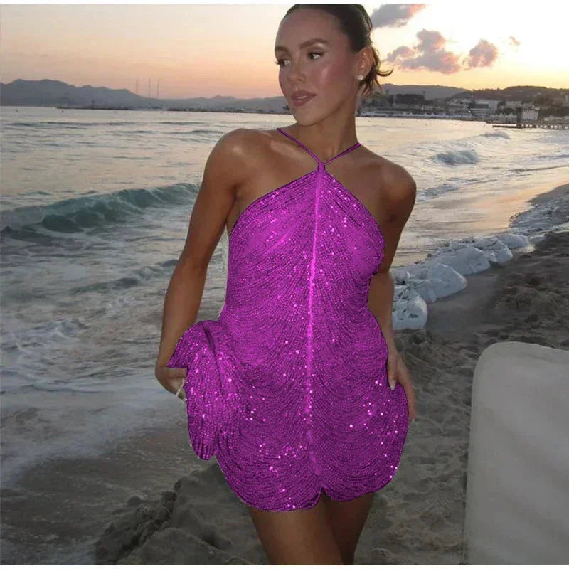 Elegant Short Beaded Halter Neck Dress for Women