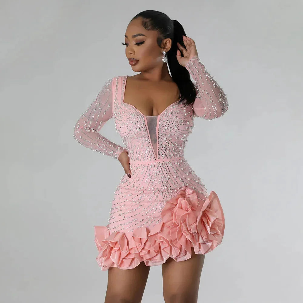 Women's Glamorous Beaded Fitted Mini Evening Dress with Ruffles