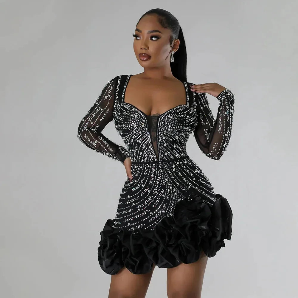 Women's Glamorous Beaded Fitted Mini Evening Dress with Ruffles