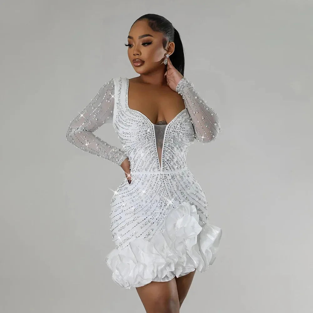 Women's Glamorous Beaded Fitted Mini Evening Dress with Ruffles