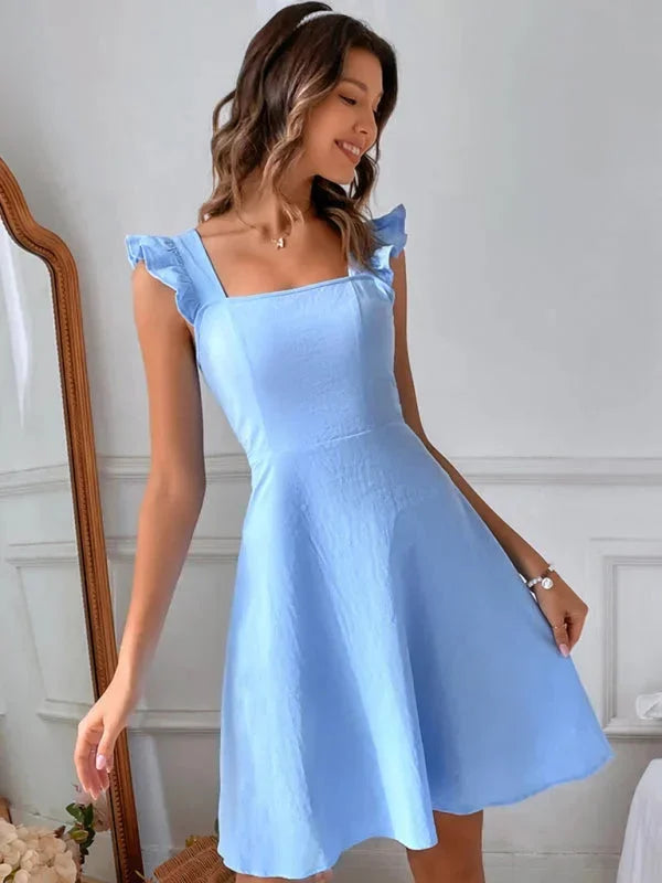 Women's Flared Skater Short Dress with Ruffles and Back Bow