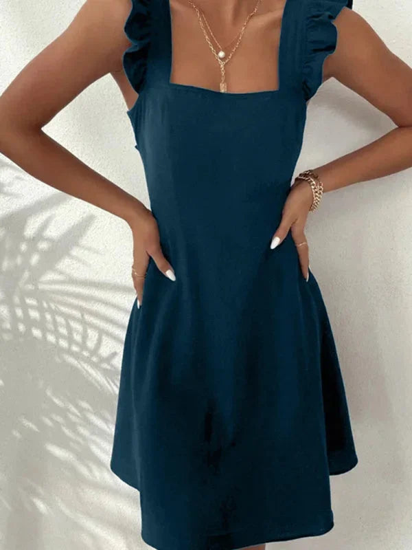 Women's Flared Skater Short Dress with Ruffles and Back Bow