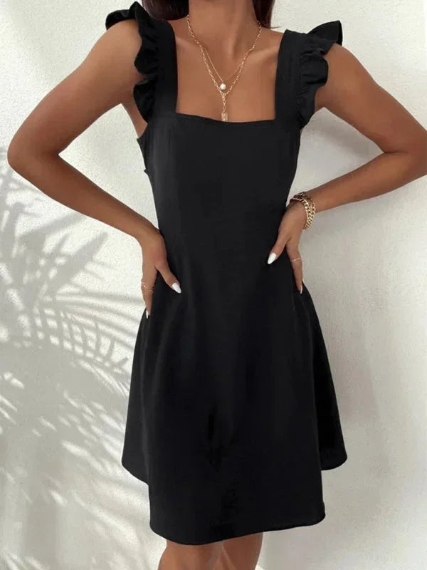 Women's Flared Skater Short Dress with Ruffles and Back Bow