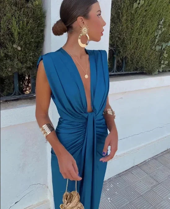 Sheila - Robe longue drapée à col en V et plis pour femme
