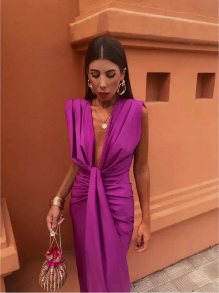 Sheila - Robe longue drapée à col en V et plis pour femme