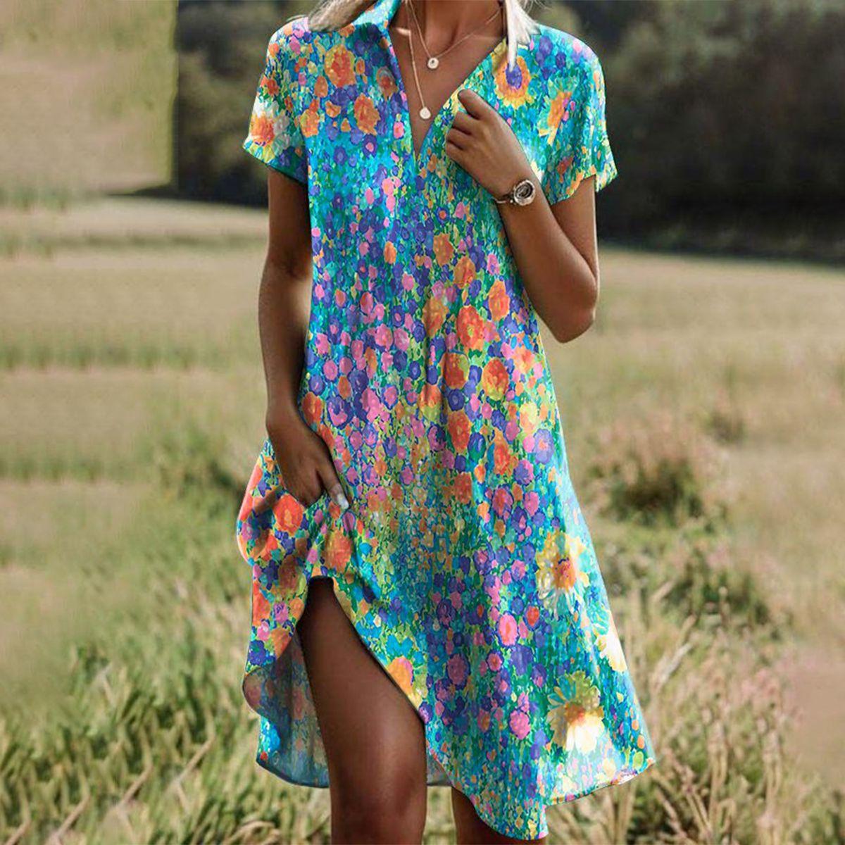 Robe Midi Fleurie Décontractée à Col V avec Coupe Fluide et Imprimé Coloré