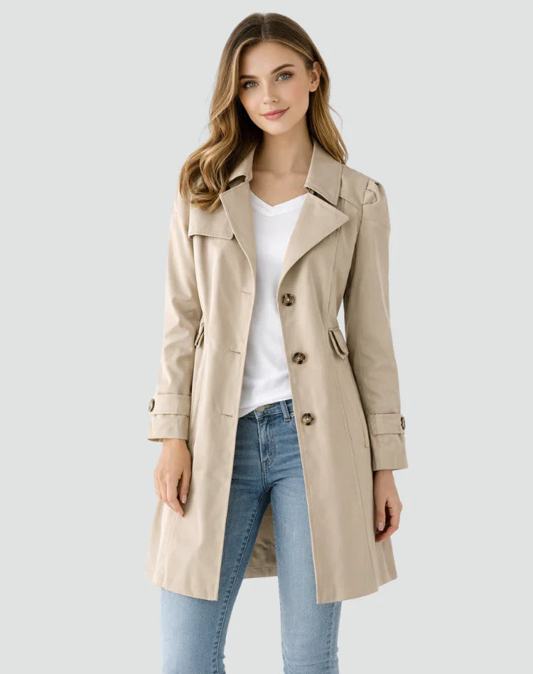 Női trench coat, sálszerű gallérral és gombokkal
