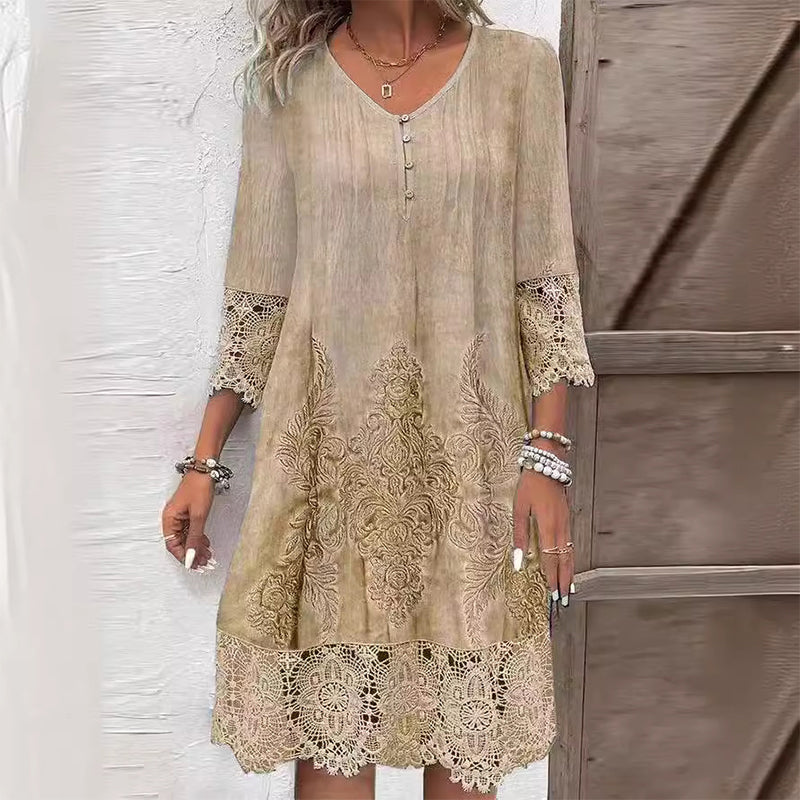 Casual Short Dress with 3/4 Sleeves and Lace Details for Women