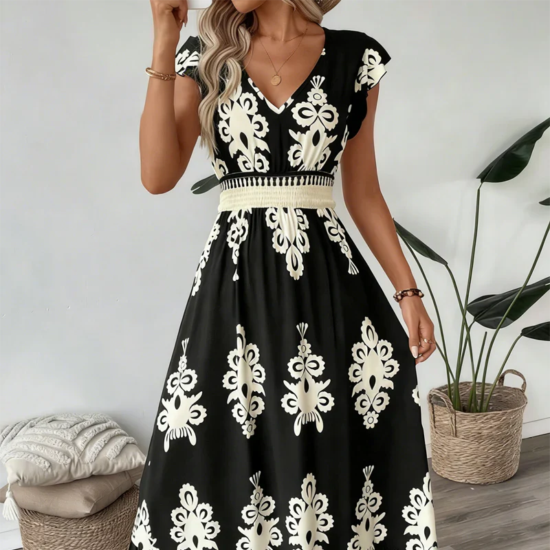 Robe Maxi Bohème Brodée à Col V pour Femme