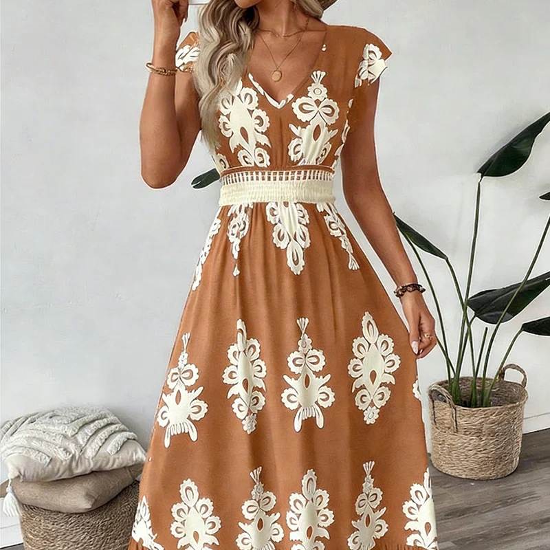 Robe Maxi Bohème Brodée à Col V pour Femme