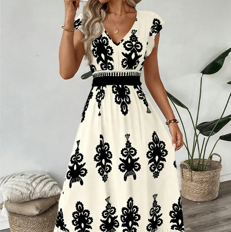 Robe Maxi Bohème Brodée à Col V pour Femme