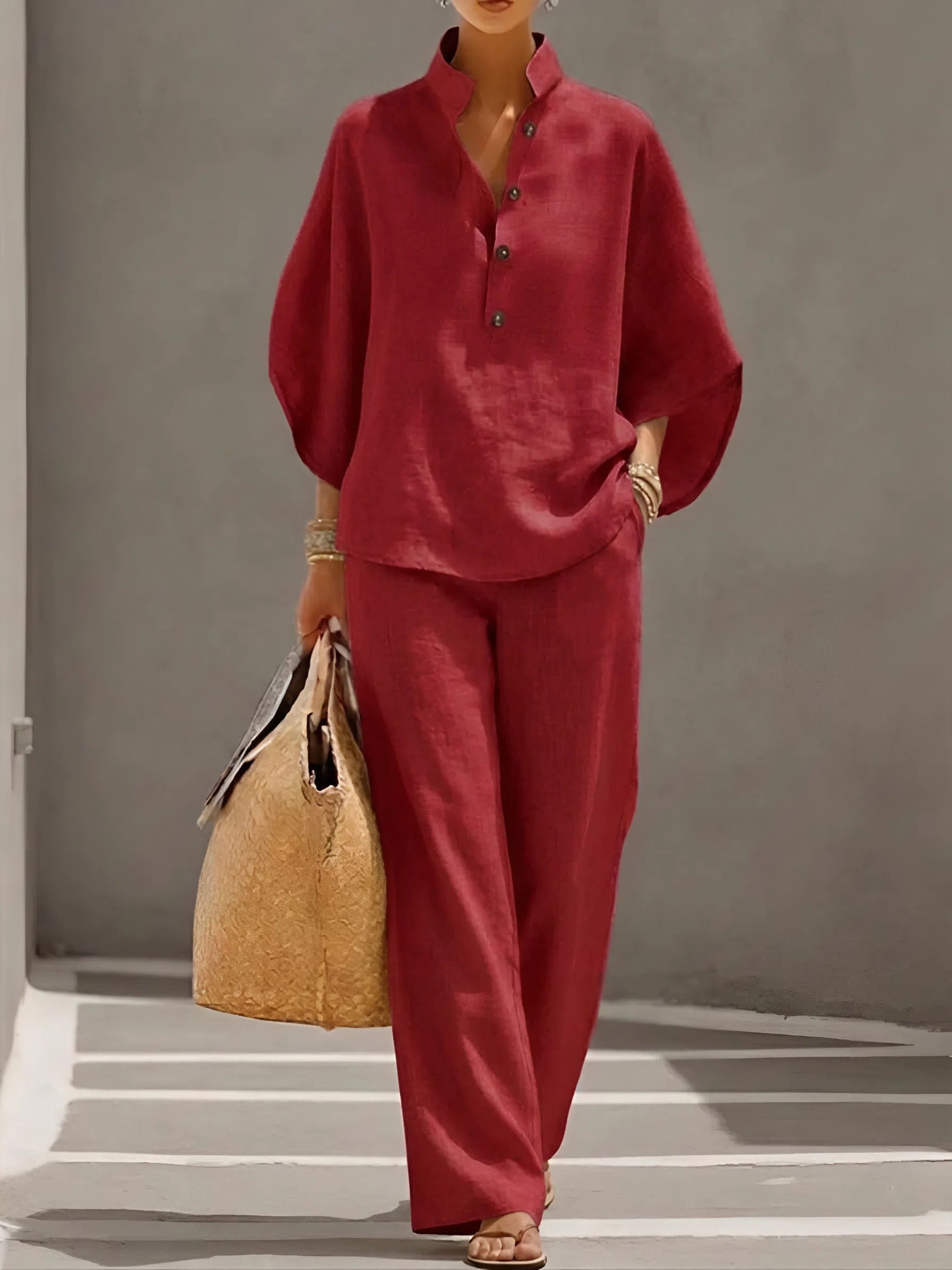 Women's Two-Piece Set with Buttoned Top and Wide-Leg Pants
