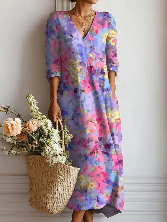 Robe Midi Bohème Décontractée Pour Femme Col en V et Manches 3/4