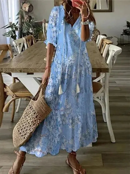 Robe Maxi Femme Bohème Imprimée avec Col V à Pompons