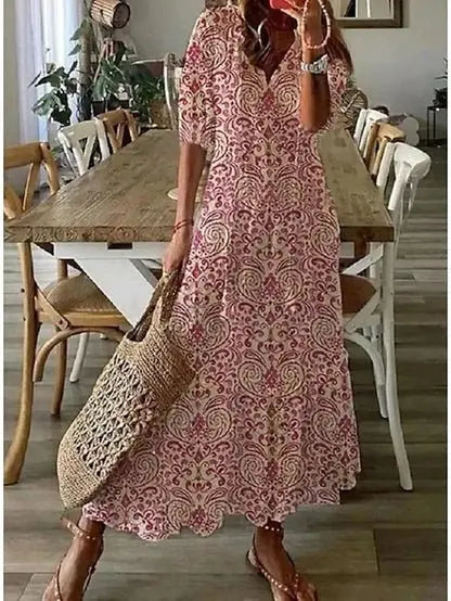 Robe Maxi Femme Bohème Imprimée avec Col V à Pompons