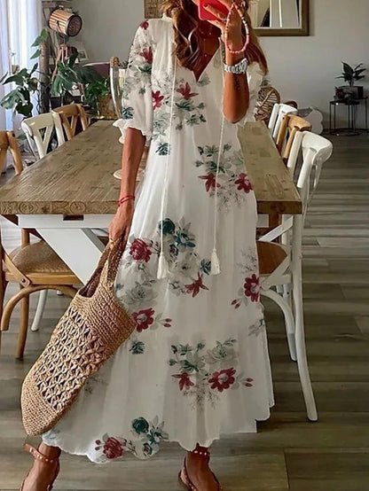 Robe Maxi Femme Bohème Imprimée avec Col V à Pompons