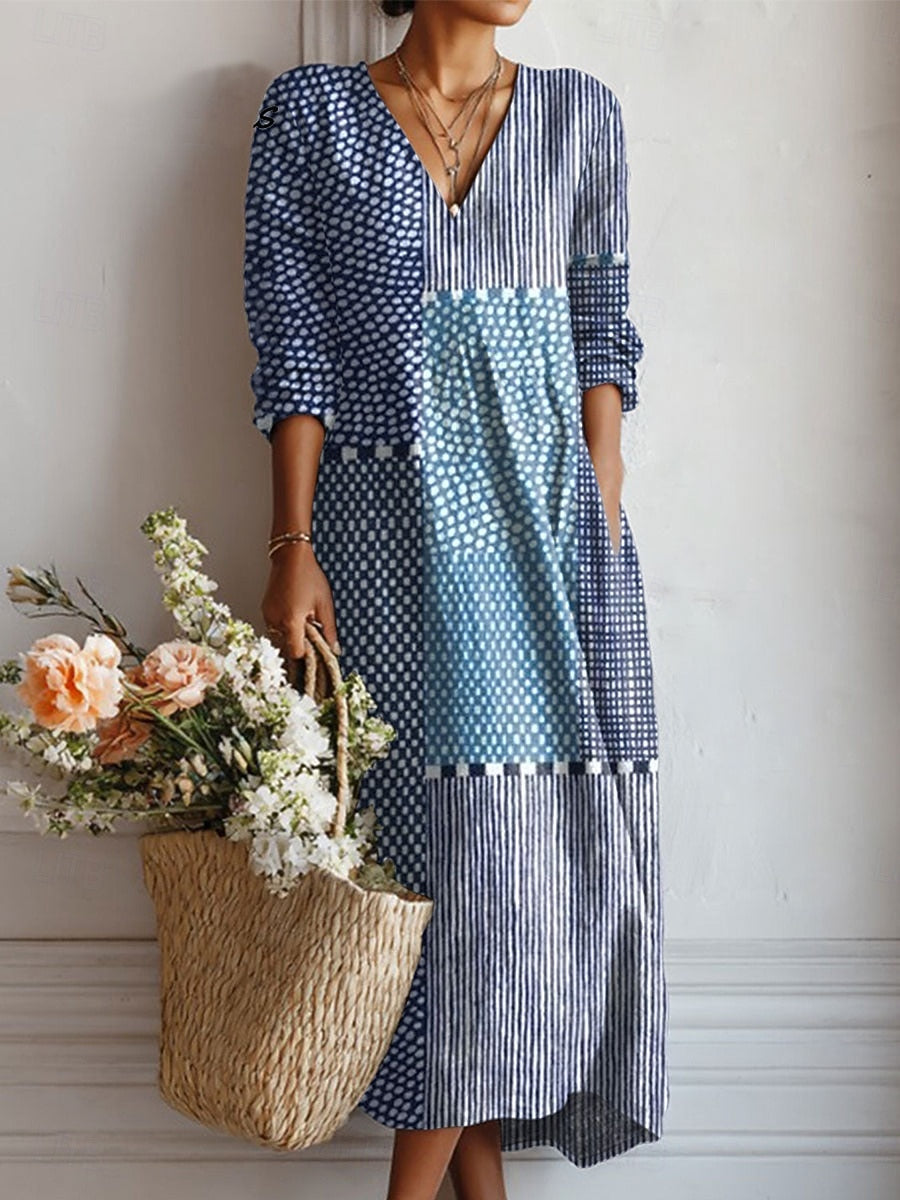 Robe Midi Bohème Décontractée Pour Femme Col en V et Manches 3/4