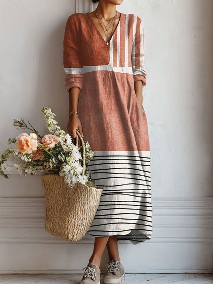 Robe Midi Bohème Décontractée Pour Femme Col en V et Manches 3/4